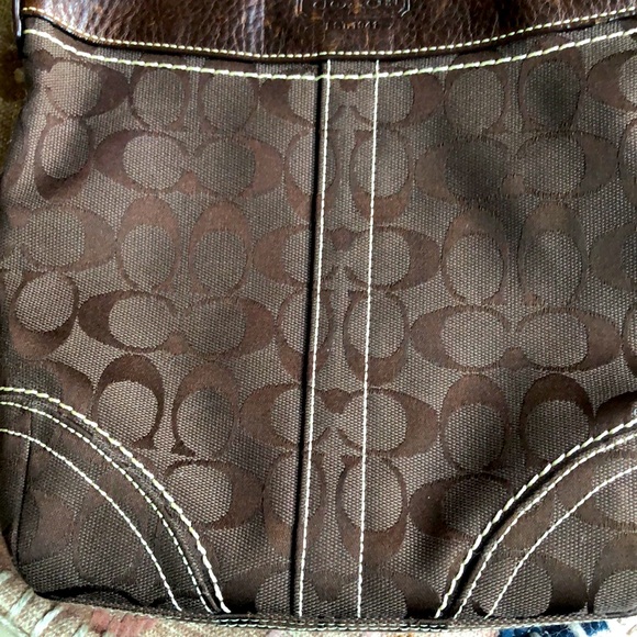 COACH Brown Leather & Signature Print Crossbody or Shoulder Bag, Brass Accents - Picture 4 of 13